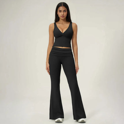 TIMEOFF Women'S 2-Piece Yoga Matching Set - V-Neck Sleeveless Wrap Crop Tank & Fold-Over Dual-Wear Waist Flare Pants, Soft 4-Way Flexible Stretch Fabric, Adjustable Fit for Pilates, Gym, Daily Casual