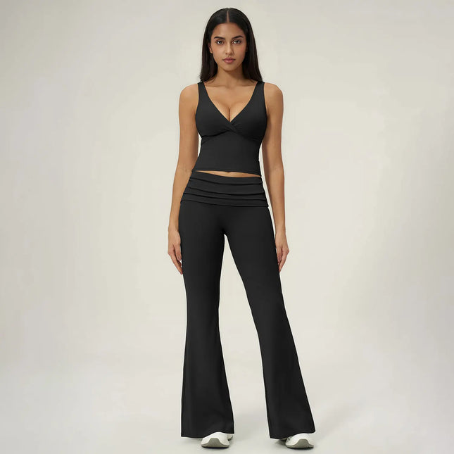 TIMEOFF Women'S 2-Piece Yoga Matching Set - V-Neck Sleeveless Wrap Crop Tank & Fold-Over Dual-Wear Waist Flare Pants, Soft 4-Way Flexible Stretch Fabric, Adjustable Fit for Pilates, Gym, Daily Casual