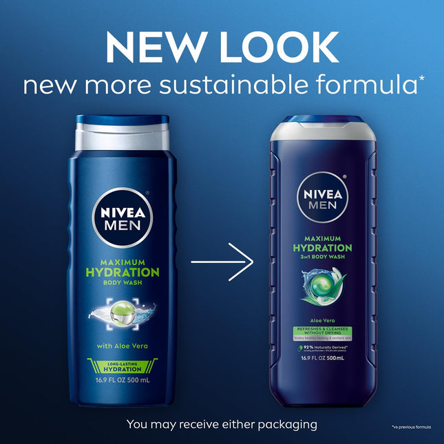 Nivea Men Maximum Hydration Body Wash Aloe Vera 16.9 Fl Oz Pack of 3