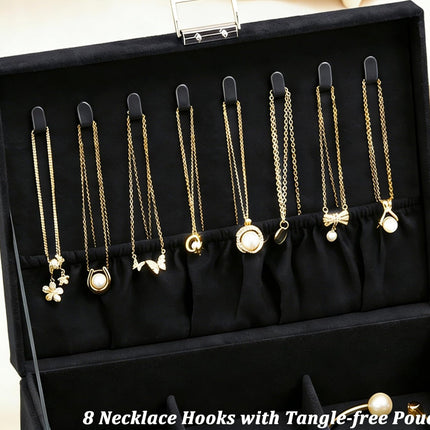 Jewelry Box for Women with Drawer, 3-Layer Large Jewelry Organizer with Lock & Key, 8 Necklace Hooks & 56 Earring Holes, Black Velvet Jewelry Storage Box for Necklaces Earrings Rings Bracelets