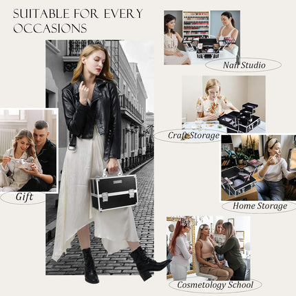 Makeup Train Case Makeup Case 11.8 Inch Large Cosmetic Box Organizer Travel Storage Professional Make up Train Carrying Case with 6 Trays Locking Hard Vanity Storage Black