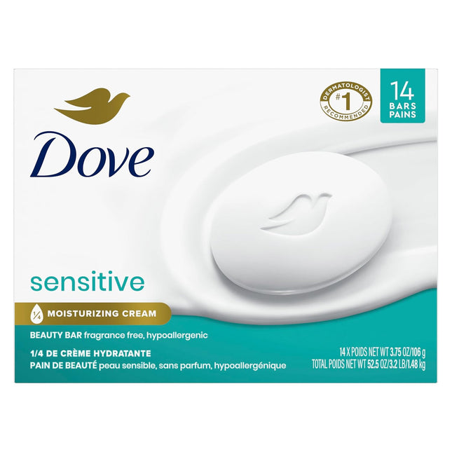 Dove Fragrance-Free Beauty Bar - Enhanced Moisturization for Softer Skin, Hypoallergenic Formula for Sensitive Skin, Gentle Cleanser, 3.75 Oz, Pack of 14 Bars
