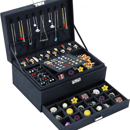 Jewelry Box for Women with Drawer, 3-Layer Large Jewelry Organizer with Lock & Key, 8 Necklace Hooks & 56 Earring Holes, Black Velvet Jewelry Storage Box for Necklaces Earrings Rings Bracelets