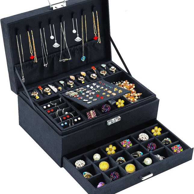 Jewelry Box for Women with Drawer, 3-Layer Large Jewelry Organizer with Lock & Key, 8 Necklace Hooks & 56 Earring Holes, Black Velvet Jewelry Storage Box for Necklaces Earrings Rings Bracelets
