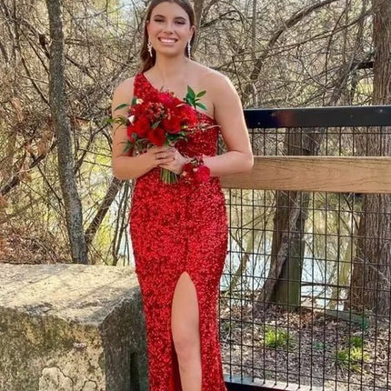 Sequin Prom Dresses Long Mermaid One Shoulder Formal Gowns Backless Evening Party Gowns with Slit