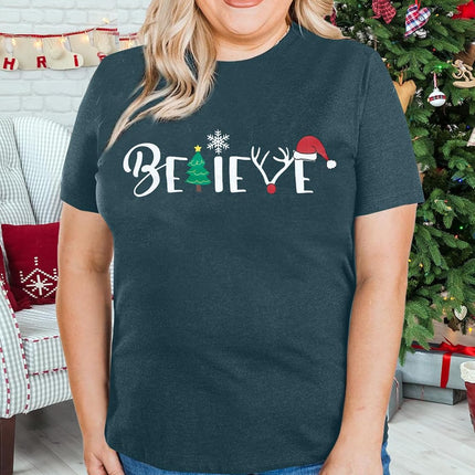 Christmas Shirt for Women Believe Letter Print T Shirts Asual Retro Holiday Short Sleeve Pullover Tops Xmas Gift