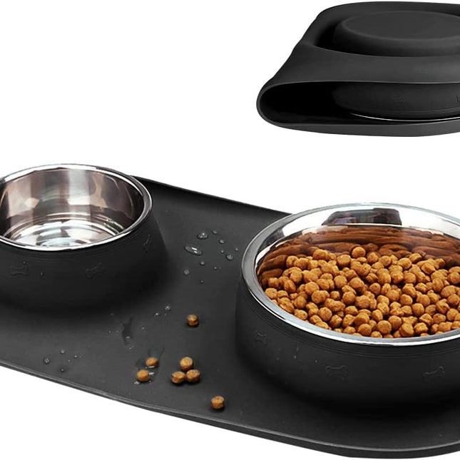 Double Dog Cat Bowls 2 Stainless Steel with No Spill Non-Skid Silicone Mat, Pet Food Water Feeder Bowl for Small Medium Large Dogs, Puppies, and Pets