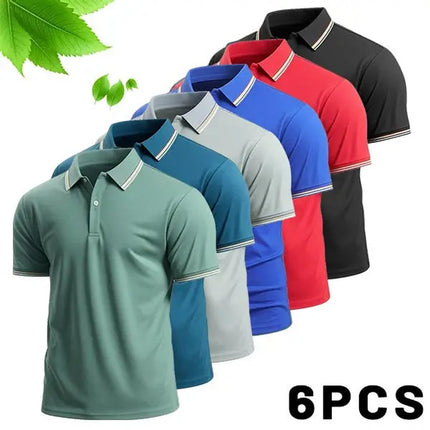 Men’S 6-Pack Short-Sleeve Polo Shirts (Menswear Top, Sports Clothes) – Understated Elegant Color Palettes, Refined Look, Contrasting Thin Trim, Premium Breathable Knit Fabric, Skin-Friendly Softness, Moisture-Wicking Performance