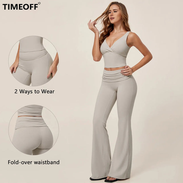 TIMEOFF Women'S 2-Piece Yoga Matching Set - V-Neck Sleeveless Wrap Crop Tank & Fold-Over Dual-Wear Waist Flare Pants, Soft 4-Way Flexible Stretch Fabric, Adjustable Fit for Pilates, Gym, Daily Casual