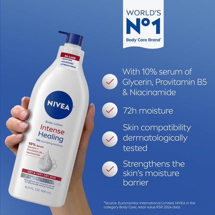 Intense Healing Body Lotion for Very Dry and Itchy Skin with Glycerin, Provitamin B5, and Niacinamide - 72-Hour Moisturizer, 16.9 Fl Oz Pump Bottle