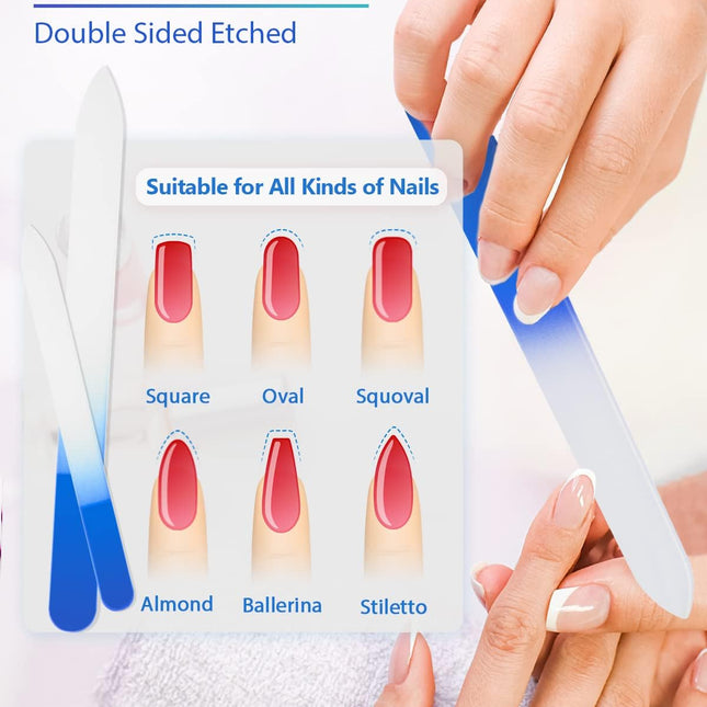 Glass Nail File and Nail Shiner, 4PC Crystal Nail File and Nano Glass Nail Buffer, Premium Set with Case, Professional Manicure Tool Fingernail Czech File for Natural Nail, Gift for Women and Girls