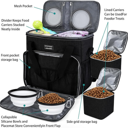 Dog Travel Bag, Pet Travel Bag (ALL Pet Travel Supplies), with 2 Pet Food Containers and 2 Collapsible Silicone Bowls; Essential Kits for Travel Black
