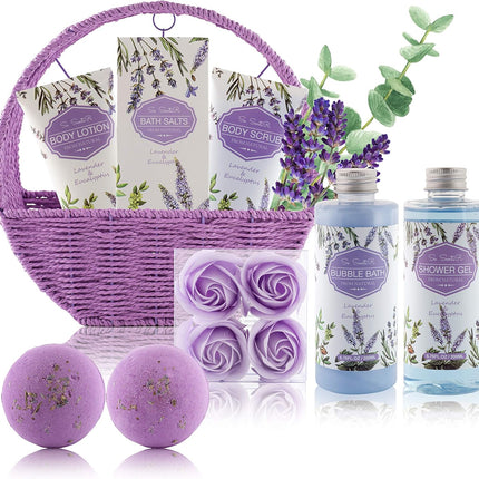 Spa Gift Baskets for Women - Holiday Christmas Gifts for Mom - Relaxing at Home Spa Kit in Lavender Eucalyptus - 12 Pc Home Bath Set Body Lotion Bubble Bath Bombs Bath Salts Shower Gel