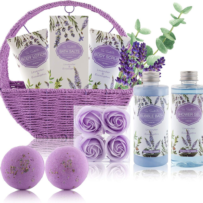 Spa Gift Baskets for Women - Holiday Christmas Gifts for Mom - Relaxing at Home Spa Kit in Lavender Eucalyptus - 12 Pc Home Bath Set Body Lotion Bubble Bath Bombs Bath Salts Shower Gel