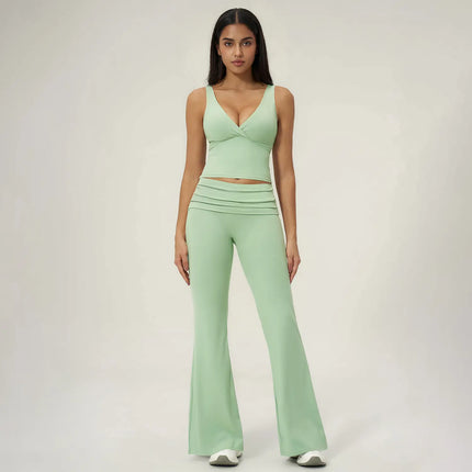 TIMEOFF Women'S 2-Piece Yoga Matching Set - V-Neck Sleeveless Wrap Crop Tank & Fold-Over Dual-Wear Waist Flare Pants, Soft 4-Way Flexible Stretch Fabric, Adjustable Fit for Pilates, Gym, Daily Casual