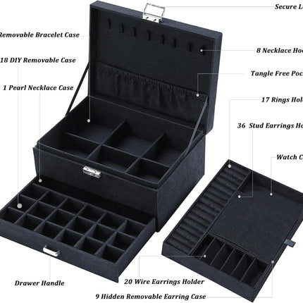 Jewelry Box for Women with Drawer, 3-Layer Large Jewelry Organizer with Lock & Key, 8 Necklace Hooks & 56 Earring Holes, Black Velvet Jewelry Storage Box for Necklaces Earrings Rings Bracelets