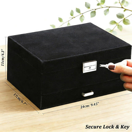 Jewelry Box for Women with Drawer, 3-Layer Large Jewelry Organizer with Lock & Key, 8 Necklace Hooks & 56 Earring Holes, Black Velvet Jewelry Storage Box for Necklaces Earrings Rings Bracelets