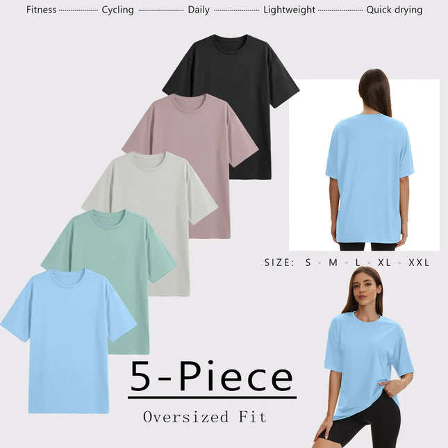 5-Piece Oversized T-Shirt Set for Women'S Summer Leisure and Comfortable Sports Short Sleeved T-Shirt, Basic T-Shirt for Fitness, Running, Outdoor Sports